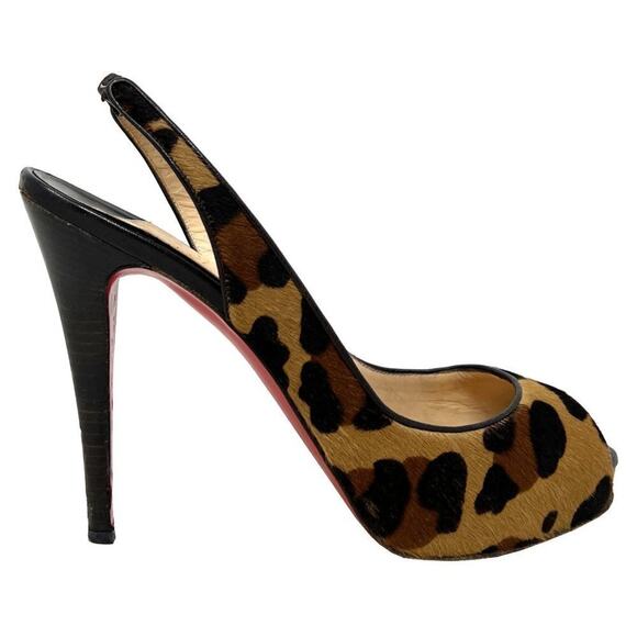 Christian Louboutin Leopard Slingback Heels 40.5 Calf Hair Peep Toe Red Sole - Picture 3 of 8